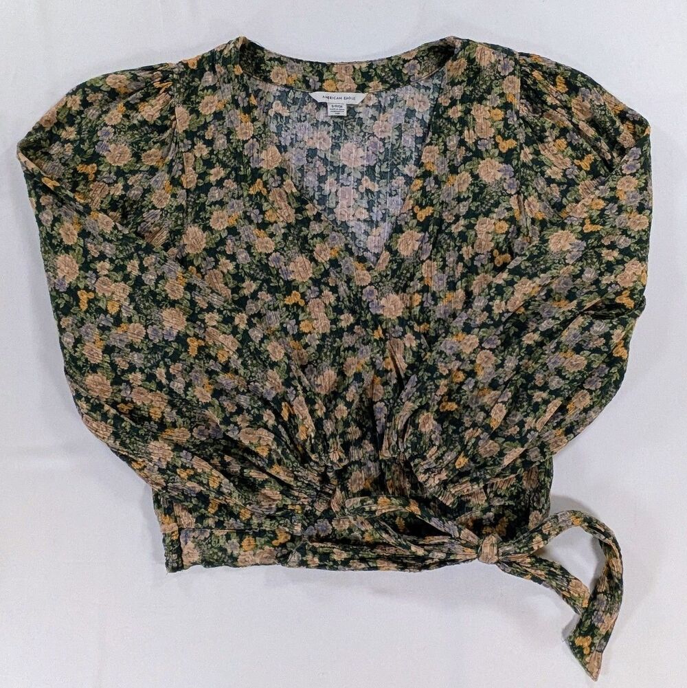 American Eagle Women Small Green Floral Crop Faux Wrap Long Sleeve Fairycore
